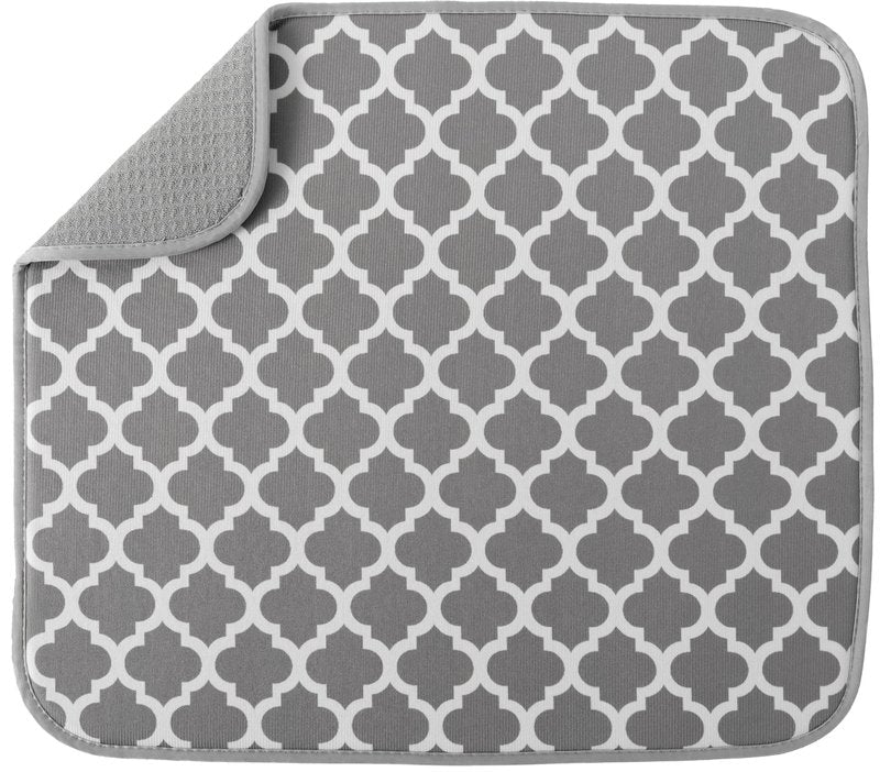 S&T INC. Dish Drying Mat, 16” x 18”, Absorbent Microfiber Kitchen Counter Mat, Dish Drying Pad for Dishes, Utensils, Pots and Pans, Large, White Trellis