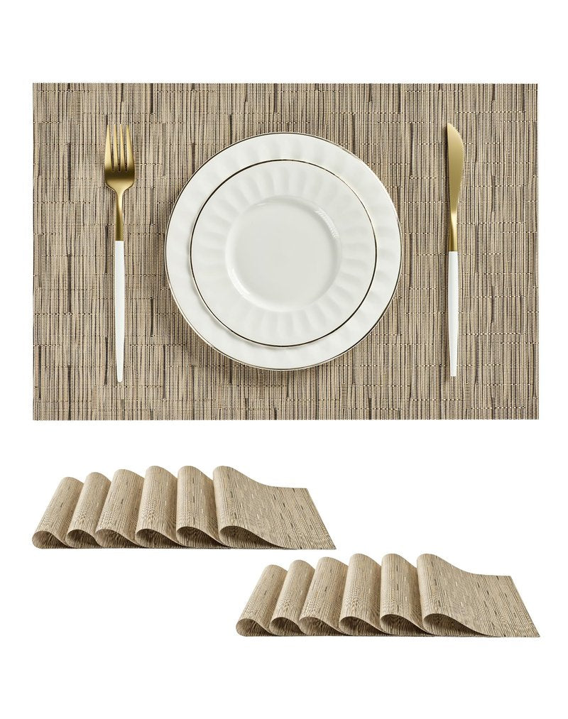 Leetaltree Light Brown Placemats Set of 12 - Heat Resistant Non-Slip Place mats for Dining Table, Washable Durable PVC Vinyl Woven Table Mats（Light Brown, 12）