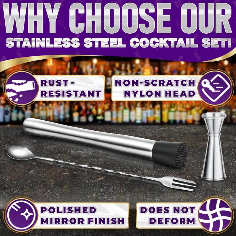3 Pcs Muddler for Cocktails Set - Bar Muddler Tool with Sturdy Head, Versatile Cocktail Spoon & Jigger, Easy to Use & Clean, Stylish Rust-Resistant Stirring Tool - Bar Tools for Drinks Mixing