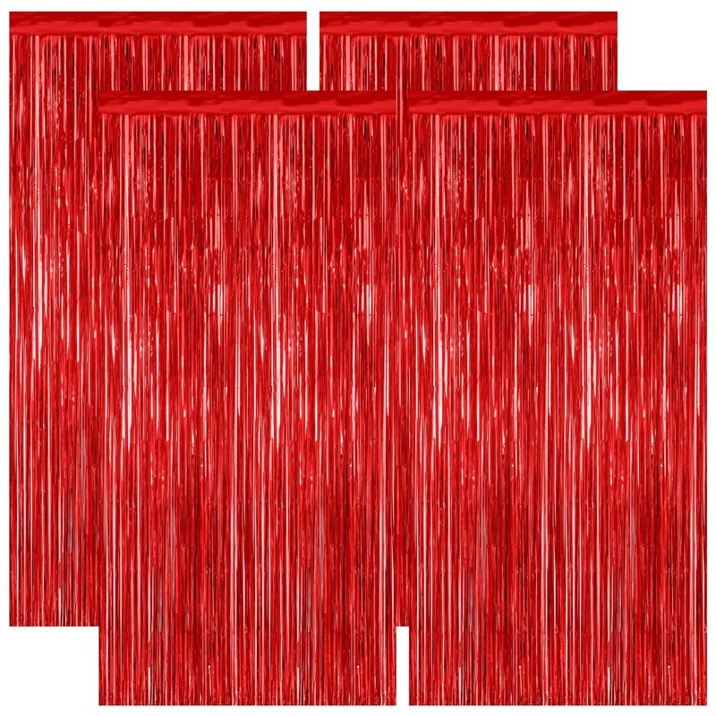 4 Pack Red Backdrop, 3.28 FT x 7.05 FT Party Streamer, Valentines Day Metallic Birthday Tinsel Backdrop Foil Fringe Curtains, Door Streamer for Red Party Decorations Casino Decor Photo Booth Props