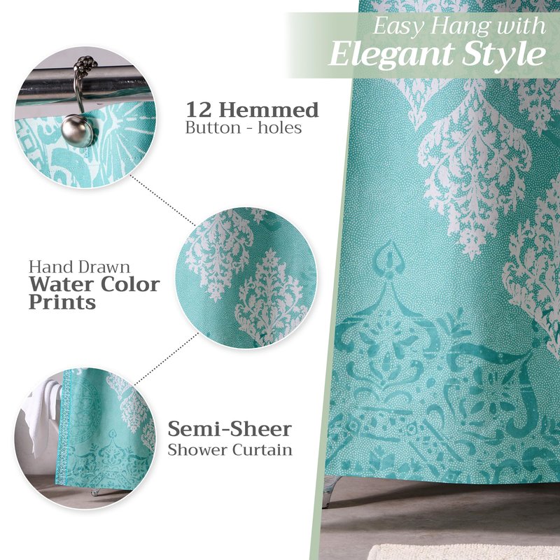 Maison d' Hermine Shower Curtain 100% Cotton One Panel 70"x72" Washable Fabric Shower Curtains for Bathroom, Easy Hanging with 12 Button Holes - Home Spa Gifts for Mothers Day (Versailles - Turquoise)