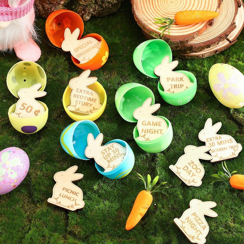 CypherX Easter Egg Fillers- Wood Easter Reward Tokens, Easter Prizes Stuffers Coins, Family Night Tokens, 24 Redeemable Tokens+6 Blank DIY Tokens, Unique Family Easter Egg Hunt Activities- Bunny