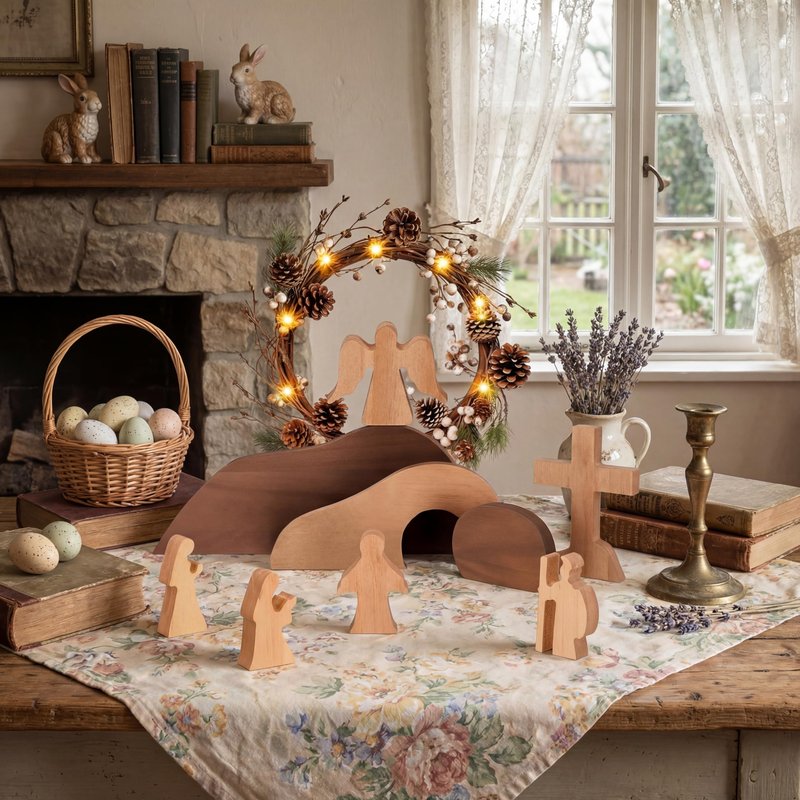 Vercraft 9 Pcs Religious Easter Decorations for Home Empty Tomb Easter Scene and Cross Decoration Wooden Resurrection Scene Set Jesus Nativity Tomb Decor for Christian Table Tiered Tray Office Crafts