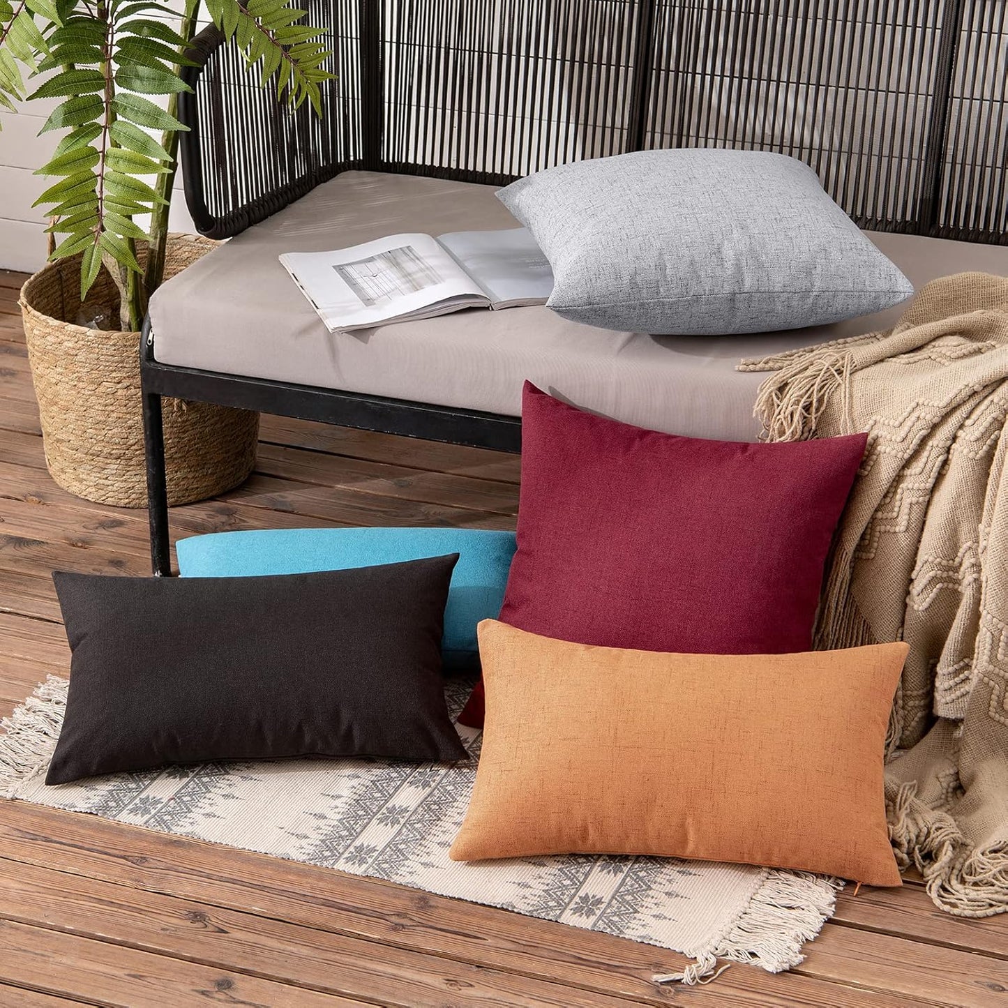 MIULEE Outdoor Throw Pillow Covers - Waterproof Decorative Linen Cushion Shams | 18x18 Inch, Burgundy Red - Pack of 2