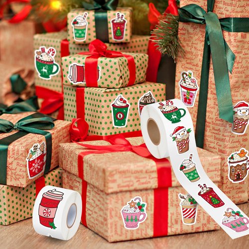 Haooryx Christmas Latte Sticker Rolls - 1000 Pcs Colorful Cartoon Latte Cup Waterproof Vinyl Reusable Laptop Stickers Coloring Book Scrapbook Water Bottle Page Activity Pad Party Favors Skateboard