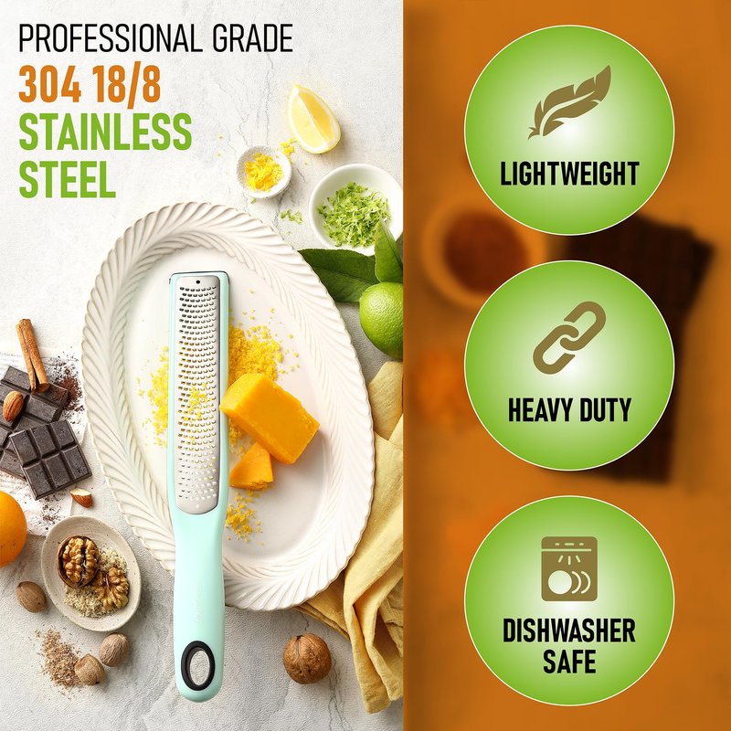 Spring Chef Premium Lemon Zester Grater with Handle - Fruit, Garlic, Lime, Orange, Nutmeg, Garlic Grater - Heavy Duty Kitchen Tool - Stainless Steel Citrus Zester with Blade Cover - Fine Shred, Mint
