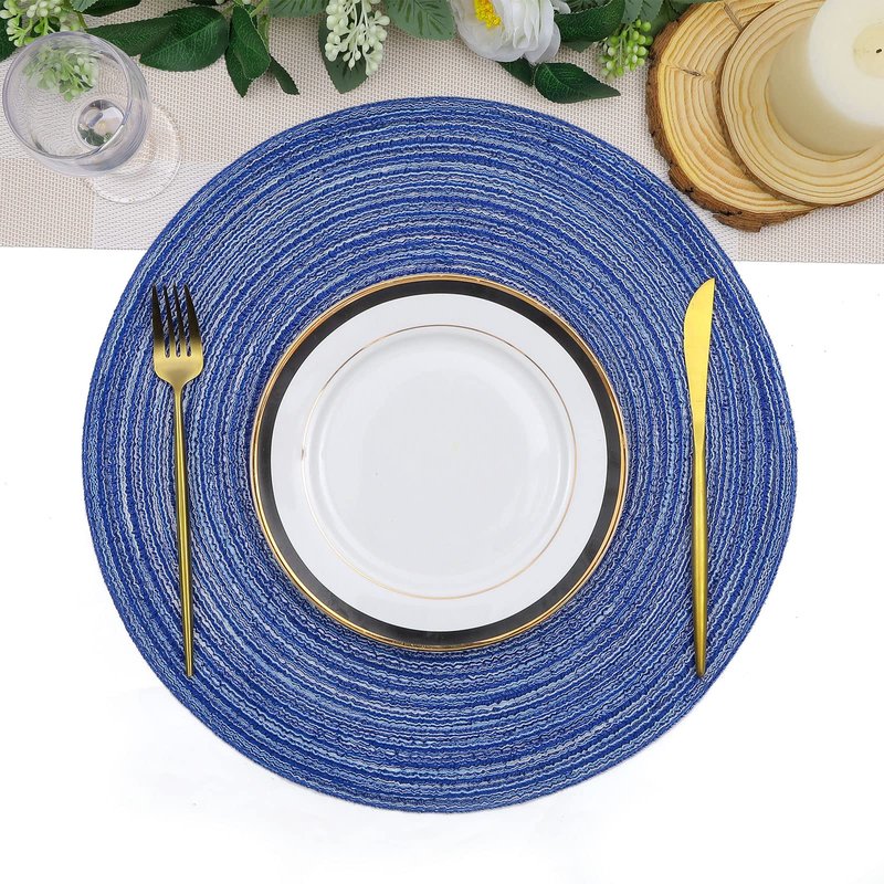 SHACOS Round Braided Placemats Set of 8 Round Table Mats for Dining Tables Washable Fabric Kitchen Table Place Mats (Blue White, 8)