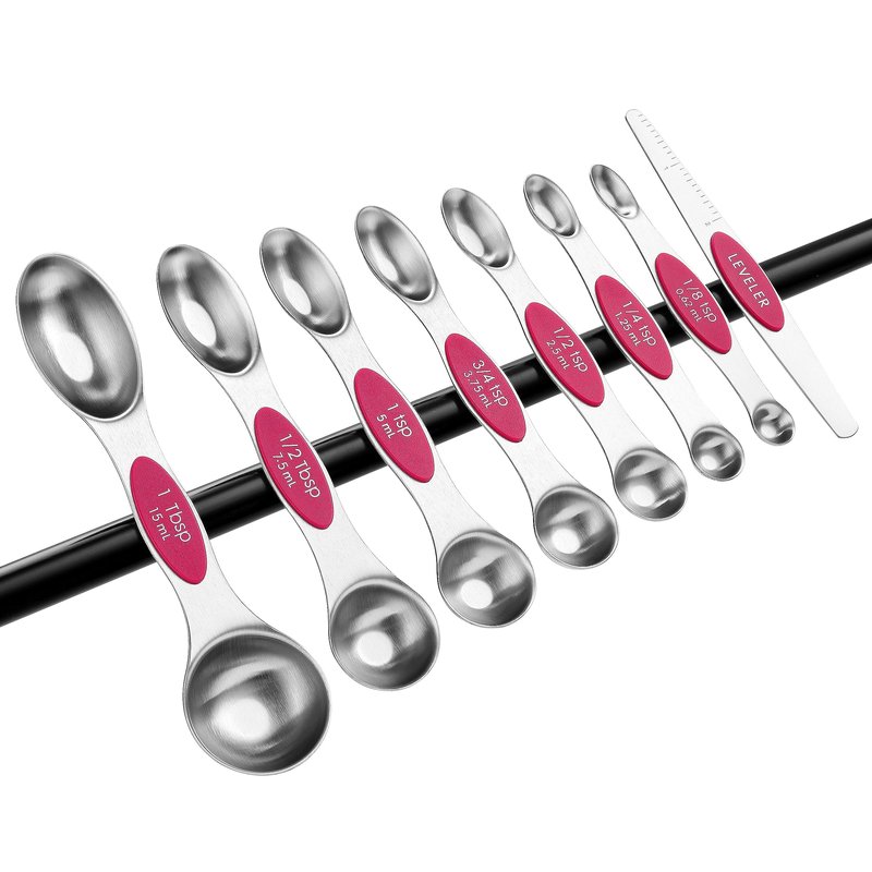 Spring Chef Pink Stainless Steel Magnetic Measuring Spoons Set of 8 with Leveler, Dual Sided Teaspoon & Tablespoon Measuring Set for Dry and Liquid Ingredients, Kitchen Gadgets for Baking & Cooking