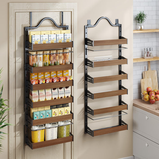 6-Tier Over The Door Pantry Organizer, Heavy-Duty Pantry Organization and Storage with Wooden Adjustable Basket, 2 IN 1 Wall Mount or Hanging Pantry Door Spice Rack, Back of door storage, Black