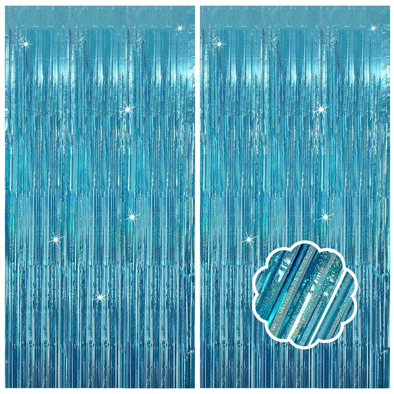 2 Pack Blue Streamers Blue Party Decorations Tinsel Foil Fringe Curtains Photo Backdrop Celebration Birthday Decorations Ocean Party Decoration