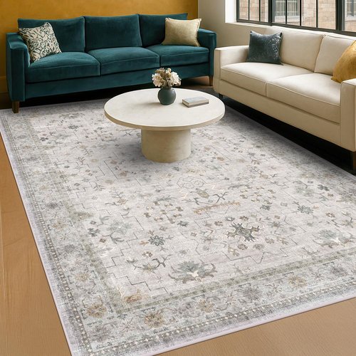 Hazo Haus Boho Light Grey Area Rug - Modern Vintage Floral Design | Washable 6x9 Non-Slip Large Size