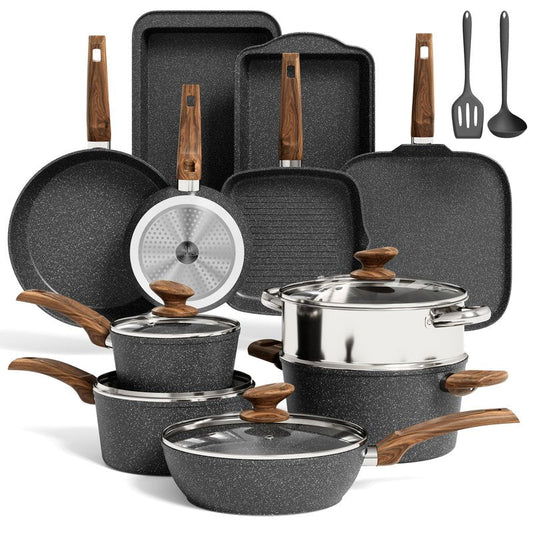MAISON ARTS 17 Piece Pots and Pans Set Non Stick, Kitchen Cookware Sets with Nonstick Granite Stone Coating, Suitable for Induction Cooktops, Black