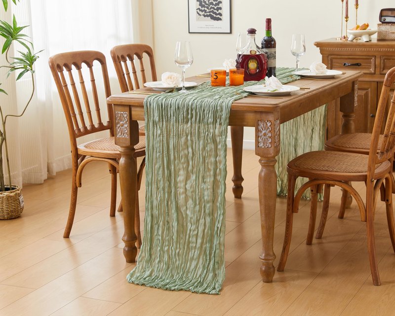 QINJIEJIE Table Runner Cheesecloth 120 Inches Boho Gauze Cheese Cloth 10FT Sheer Table Runner for Summer Home Decor Birthday Wedding Baby Bridal Shower Holiday Party Decoration Sage Green