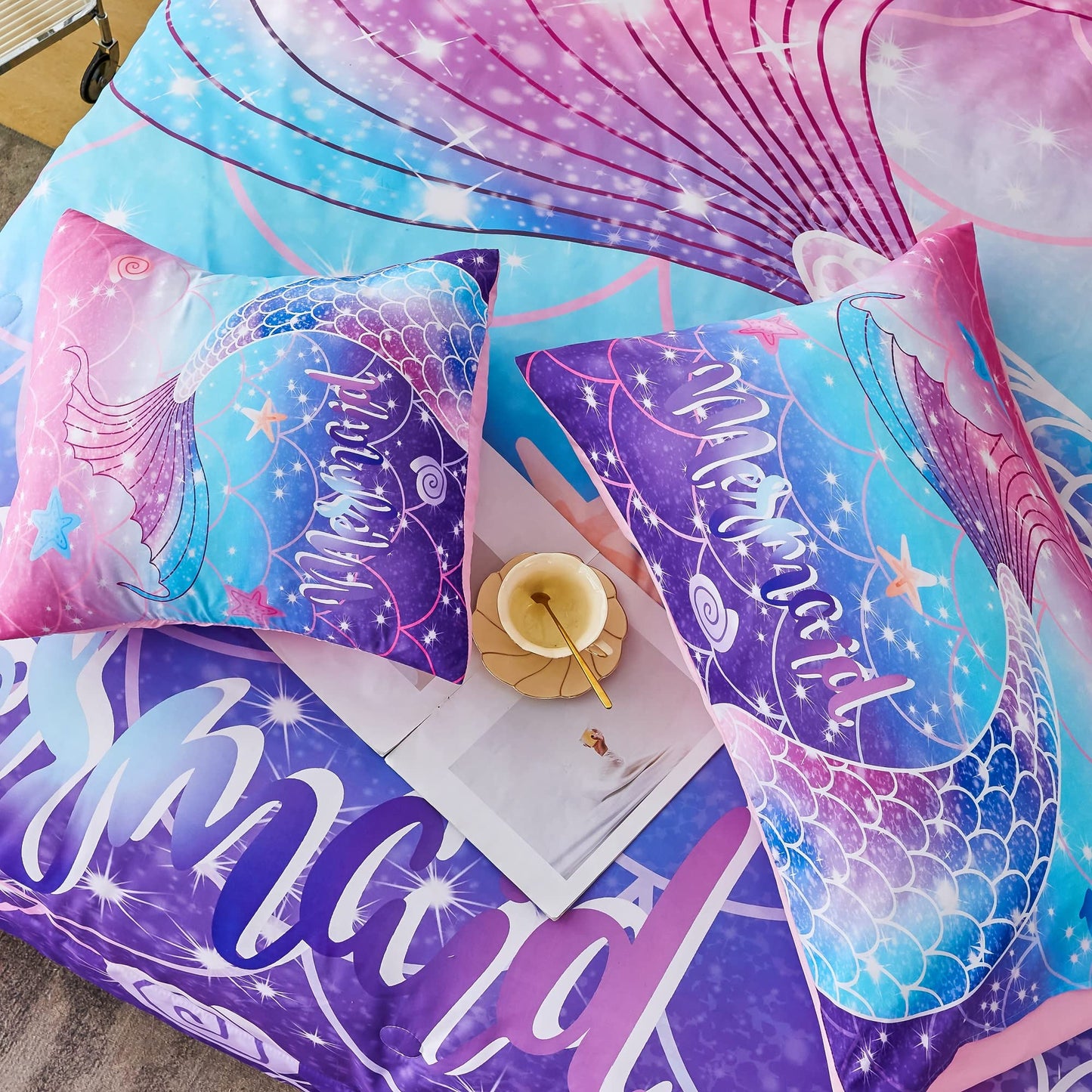 RYNGHIPY Mermaid Comforter Set 6Pcs, Kids Gilrs Bed in a Bag Full Size, Mermaid Tail Print Teens Girls Bedding Set, Rainbow Bedding Collections