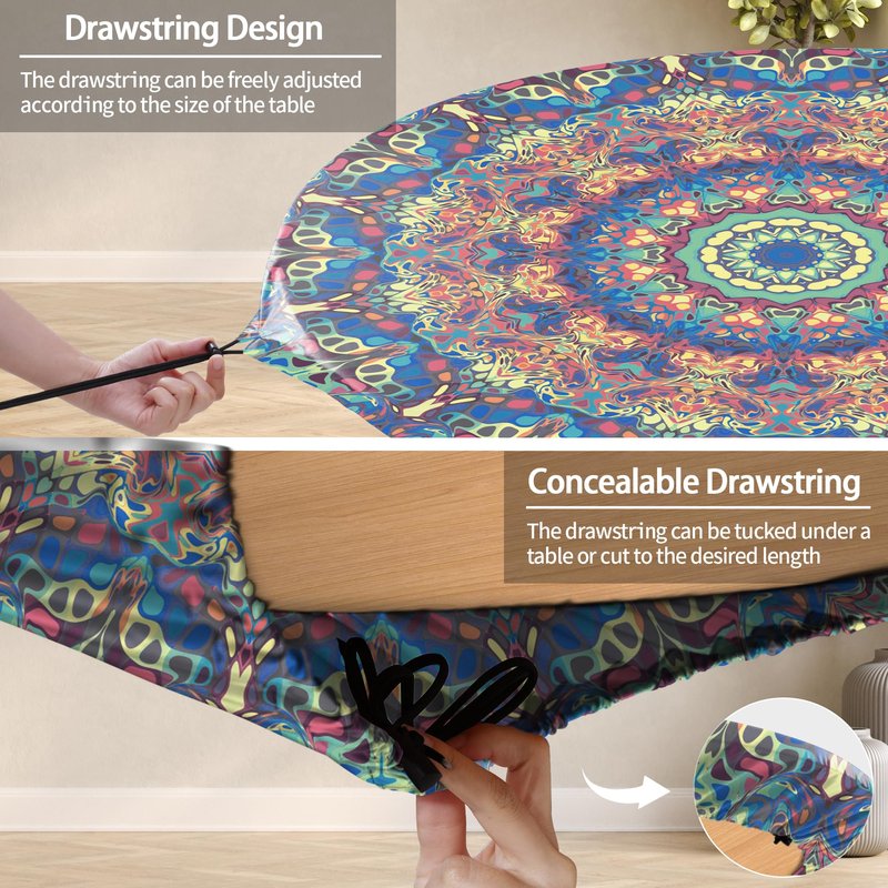opstellen Round Tablecloth Waterproof Boho Fitted Vinyl Table Cloth Summer Fall Outdoor Circle Cover for 36-44" Tables Kitchen Dining Apartment Essentials Camping Picnic Party Decor Housewarming Gifts
