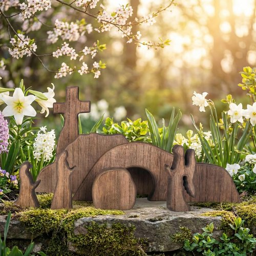IoF Easter Decorations - Wooden Easter Decoration, He Risen Resurrection Scene Empty Tomb Chirstian Easter Decor for Home Office (Dark Wood Brown)