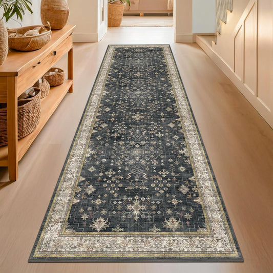 Skiennix Washable Long Runner Rug - Non-Slip Rubber Backing | 2'6"x8' Ashen/Multi Boho Vintage Decor