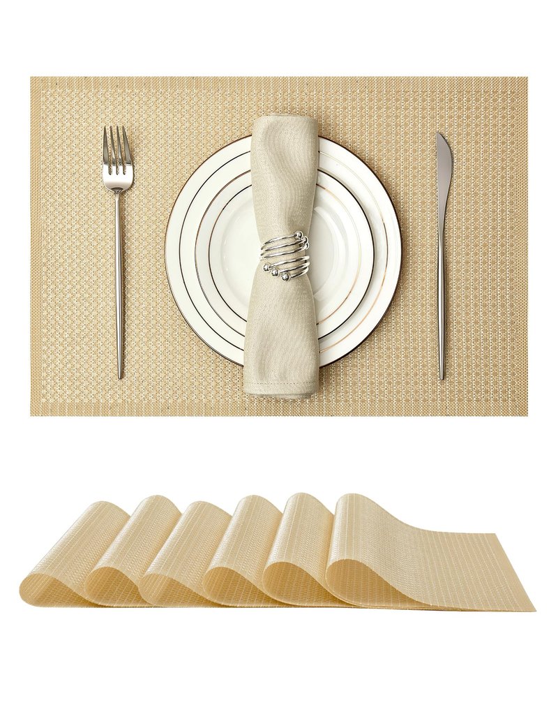 Leetaltree Sparkling Gold Sequin Woven Vinyl Placemats, Set of 6 - Waterproof & Washable Dining Table Mats for Wedding, Anniversary, Daily Use, Hand-Cut