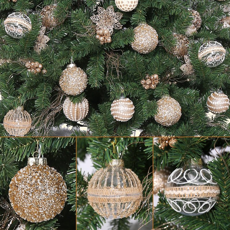9 Pcs 80mm/3.15" Christmas Ball Ornaments Set, Large Clear Champagne Christmas Tree Decorations Plastic Shatterproof Hanging Balls for Xmas Glitter Farmhouse Boho Ornaments for Holiday Wedding Party