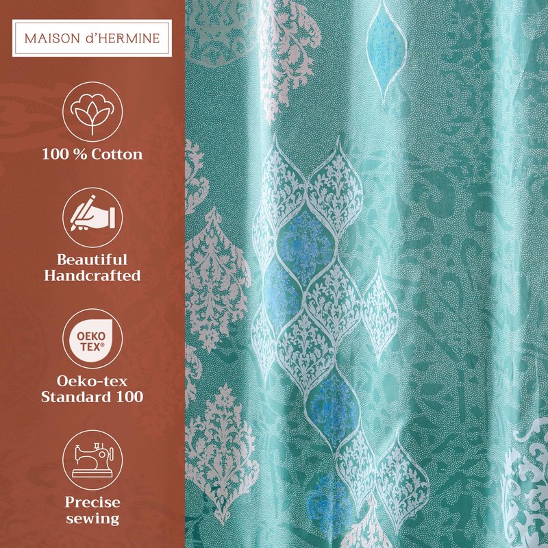 Maison d' Hermine Shower Curtain 100% Cotton One Panel 70"x72" Washable Fabric Shower Curtains for Bathroom, Easy Hanging with 12 Button Holes - Home Spa Gifts for Mothers Day (Versailles - Turquoise)
