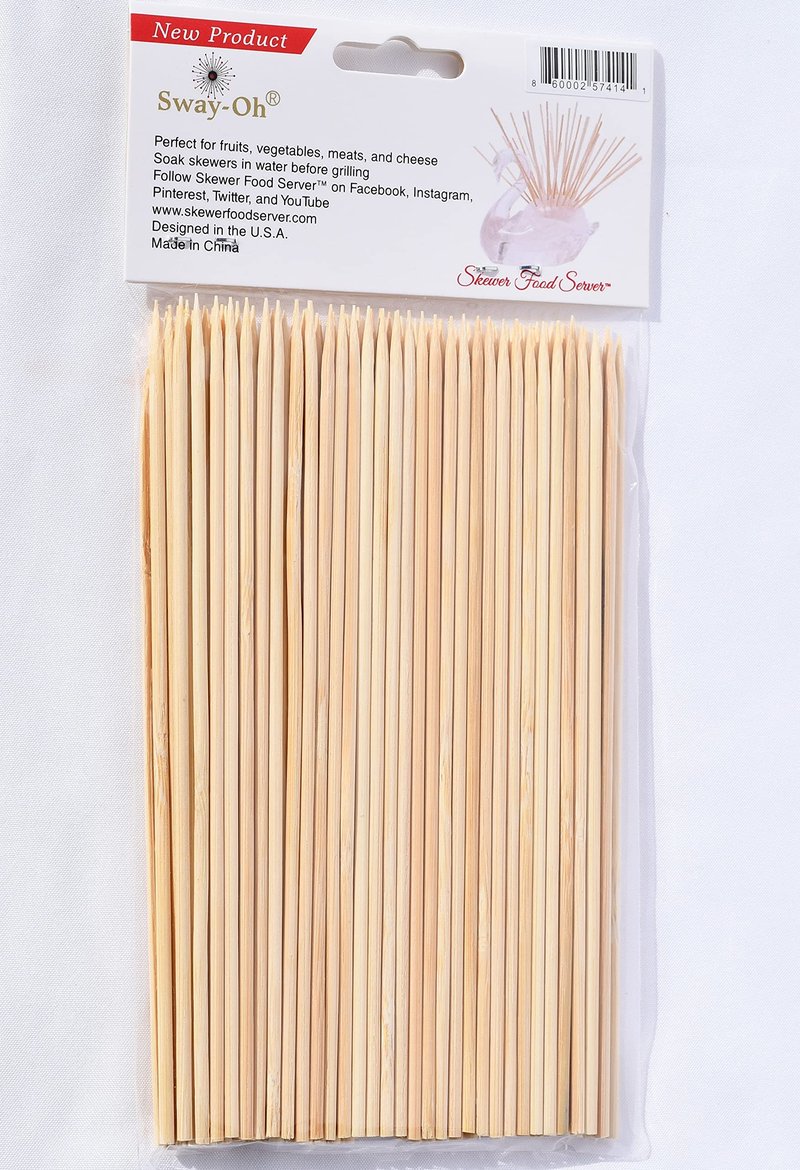 Sway-Oh 6" Natural Bamboo Skewers, 100 Count - Ø=2mm. Natural Bamboo. Strong, durable, bamboo skewers to display bite-sized fruits, vegetables, meats, cheese, desserts, and other appetizers.