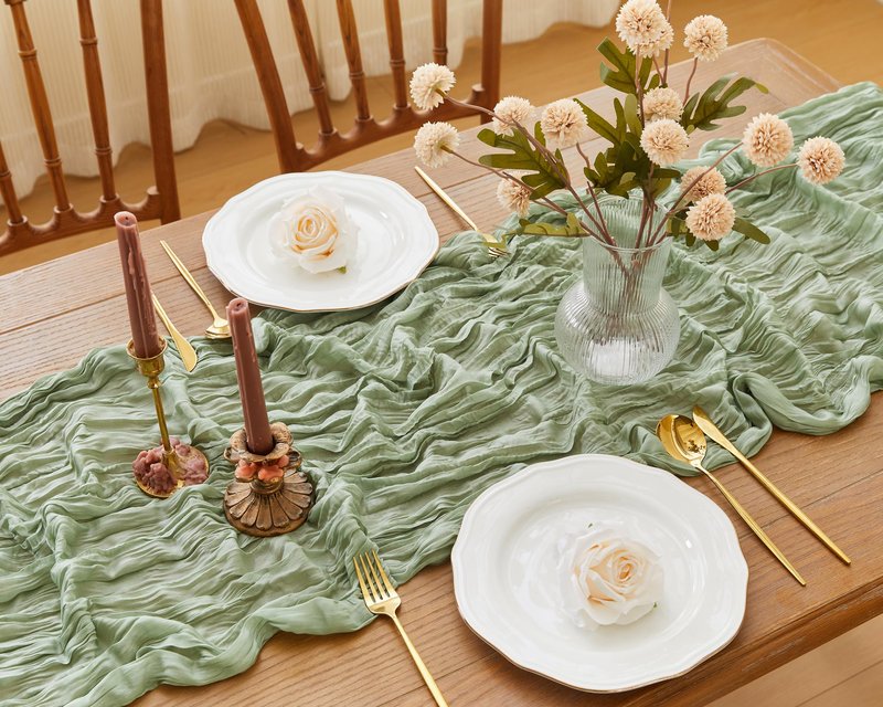 QINJIEJIE Table Runner Cheesecloth 120 Inches Boho Gauze Cheese Cloth 10FT Sheer Table Runner for Summer Home Decor Birthday Wedding Baby Bridal Shower Holiday Party Decoration Sage Green
