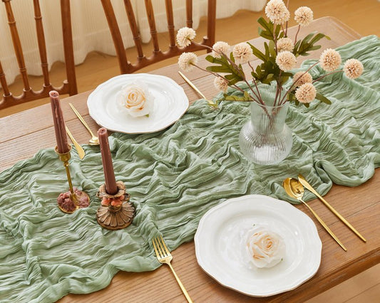 QINJIEJIE Table Runner Cheesecloth 120 Inches Boho Gauze Cheese Cloth 10FT Sheer Table Runner for Summer Home Decor Birthday Wedding Baby Bridal Shower Holiday Party Decoration Sage Green