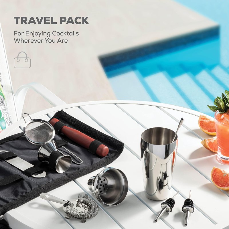 Pantrypoet Bartender Kit & Cocktail Shaker – 10-Piece Stainless Steel Drink Mixer Set with Jigger, Strainer, Muddler & Bar Spoon, Travel Bag Included – Essential Home Bar Accessories