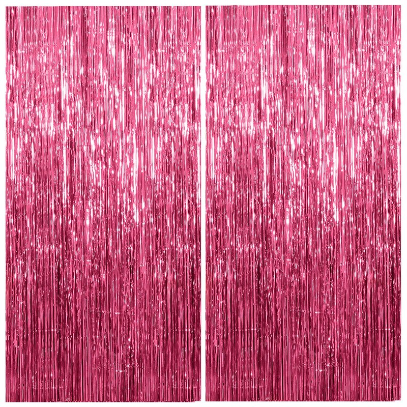 2 Pack Foil Curtain Backdrop Pink Metallic Tinsel Foil Fringe Curtains Photo Booth Props for Birthday Valentines Day Wedding Engagement Baby Shower Bachelorette Christmas Holiday Party Decorations