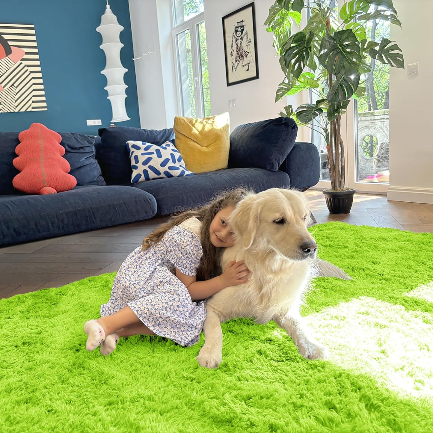 OLANLY 2x6 Machine Washable Runner Rug - Soft Fluffy Shaggy Indoor Carpet for Bedroom & Hallway | Lime Green