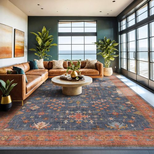Boho Navy Blue Area Rug - Vintage Floral Design, Soft Low Pile, Non-Slip, 10x12 Size for Living Room & Dining Room