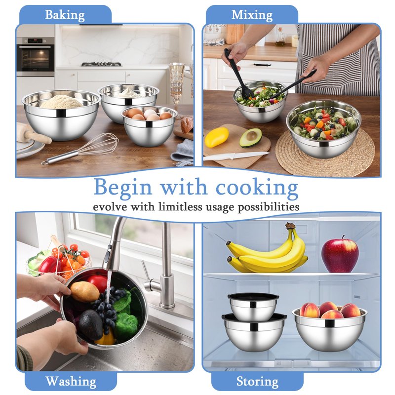 LIANYU Mixing Bowls with Lids Set of 3, Large & Small Stainless Steel Nesting Metal Bowls for Kitchen Storage, Dishwasher Safe, Size 1.5QT & 3QT & 4.6QT, Black