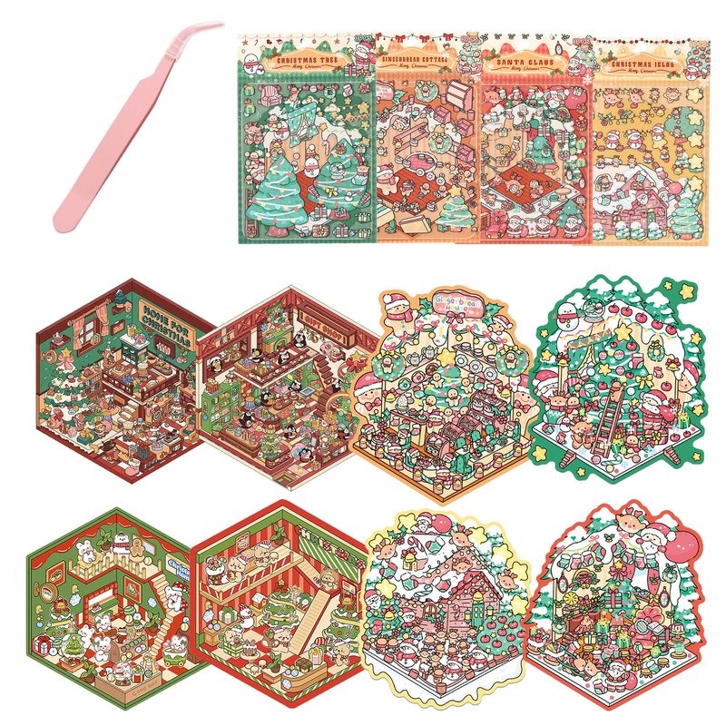 SZXYCZL Cute Miniature Scene 8Sets DIY 3D Stickers Scene Christmas House, Make You Own Mini House Sticker Therapy for Teen Adult Relief Pass The Time-Merry Christmas