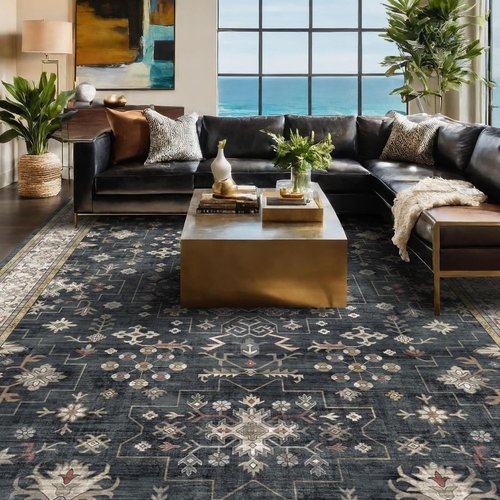 Boho Dining Room Rug - 6x9 Washable Black Area Rug | Low Pile Non-Slip Design for Living Room & Bedroom