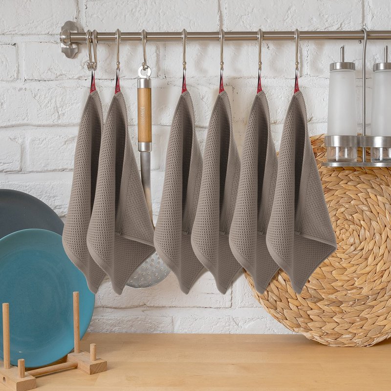 PiccoCasa 100% Cotton Dish Cloths Rags - Waffle Weave Kitchen Towels for Washing Dishes - Soft Absorbent Dish Towels for Kitchen Drying - 6 Pack -13 x 13 Inch - Brown