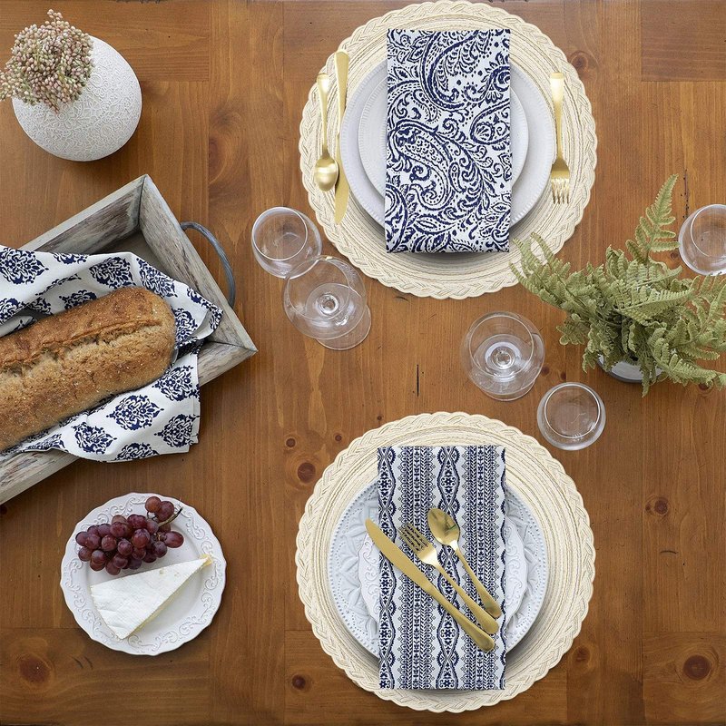 SHACOS Round Placemats Set of 4 Boho Braided Border Place Mats for Dining Tables Wedding Holiday Party (Ivory Bordered, 4)