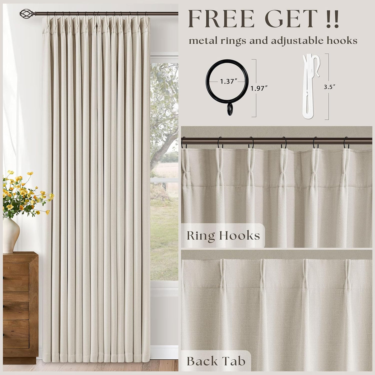 Skiennix 100% Blackout Linen Curtains - 96 Inch Length | Light Blocking Dual Layer Drapes in Cream Ivory