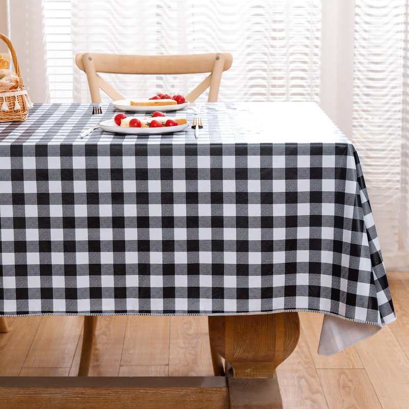 Heavy Duty Vinyl Tablecloth with Flannel Backing Waterproof Oil-Proof Plastic Table Cloth Stain-Resistant Wipeable Rectangle or Square Table Cover for Indoor and Outdoor (Black Checkered, 60x102 Inch)