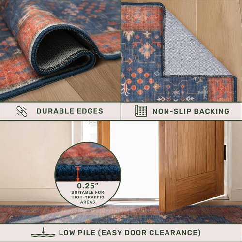 Hazo Haus Washable 2x4 Entry Rug - Non-Slip Rubber Backed for Indoor Use | Perfect for Farmhouse & Boho Décor (Navy Blue)