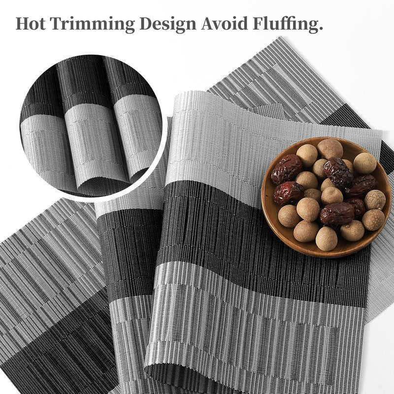 Leetaltree Grey with White Striped Placemats Set of 8 - Heat Resistant Non-Slip Place mats for Dining Table, Washable Durable PVC Vinyl Woven Table Mats（Grey Stripe, 8）