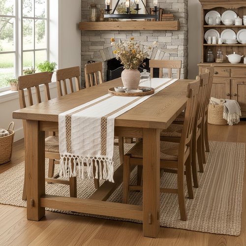 FEXIA Boho Table Runner for Hoilday Home Decor with Tassels 72 Inches Long Farmhouse Rustic Macrame Burlap Pottery barn Furniture Table Decoration for Living Room Kitchen (12x72 Inches)