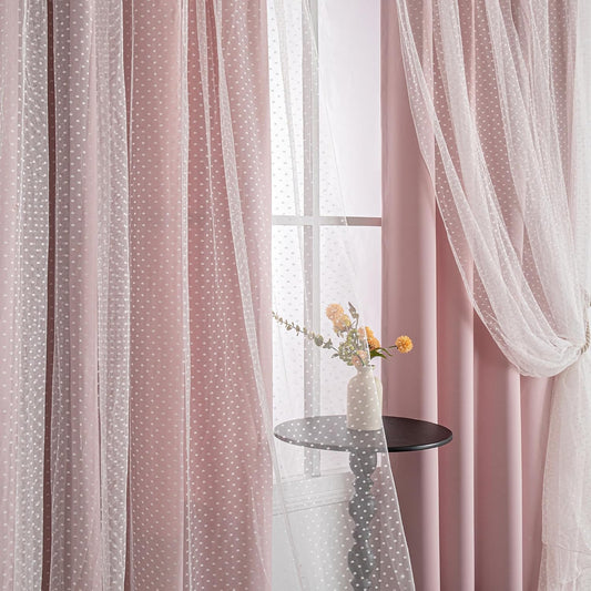 MYSKY HOME Pink Blackout Curtains - Double Layer Drapes with Polka Dots | 52x84 Inch, 2 Panels for Girls' Bedroom
