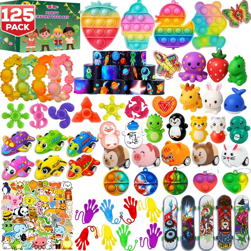 125 Pcs Party Favors Fidget Toys Pack, Randomly Selected Pop Sensory Set 65 Stickers Gifts for Kids Adults Boy Girl Stocking Stuffers Autistic Goodie Bag Filler Treasure Box Classroom Prizes School