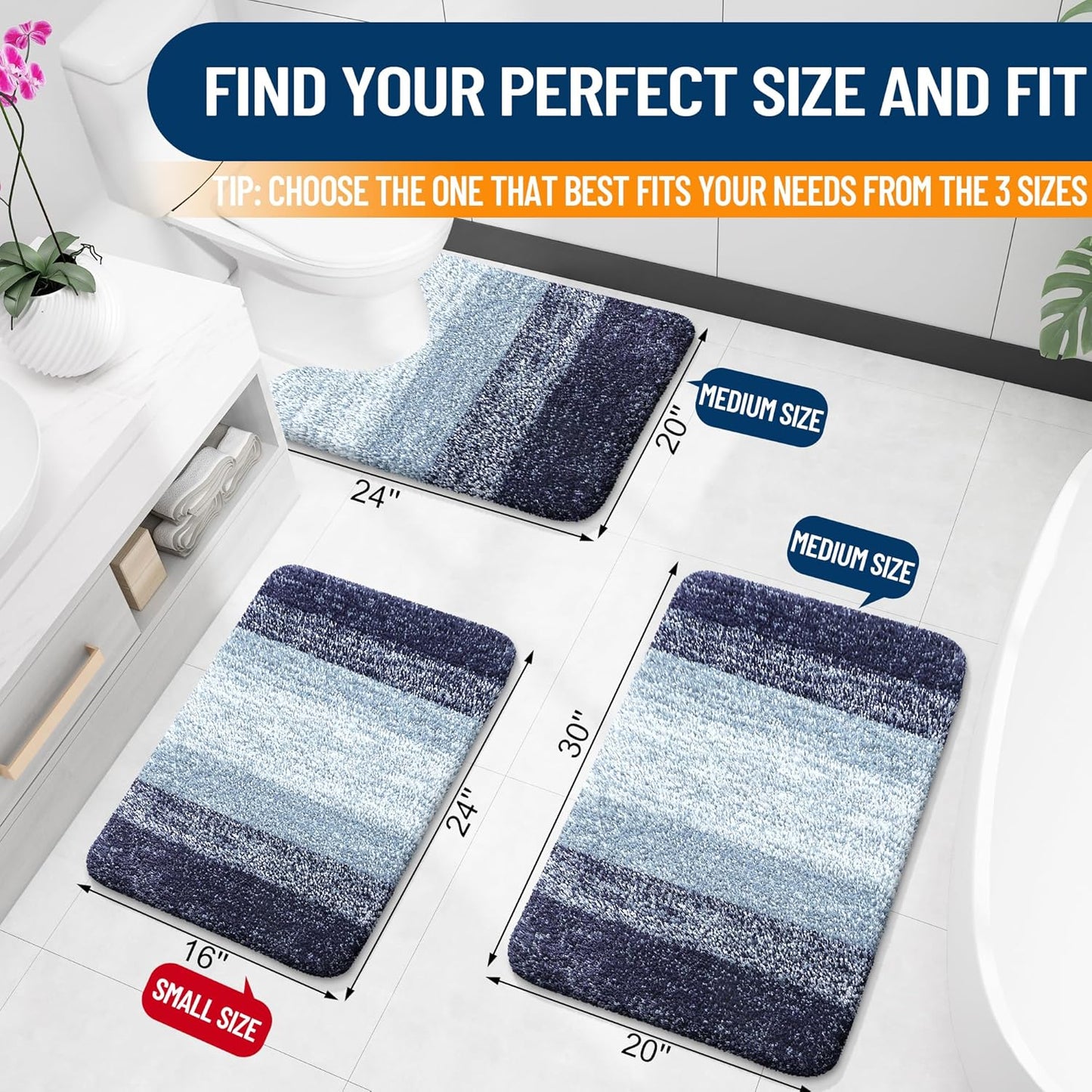 OLANLY Ombre Bath Rug Set - Soft & Absorbent 2-Piece Bathroom Rugs in Airy Blue | 24x16 & 30x20 Inches