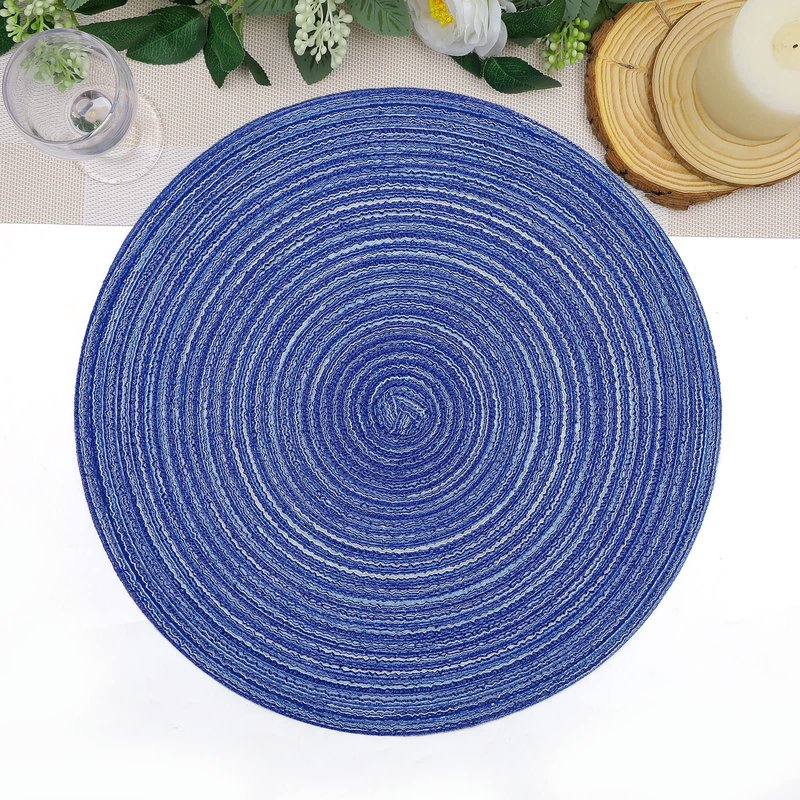 SHACOS Round Braided Placemats Set of 8 Round Table Mats for Dining Tables Washable Fabric Kitchen Table Place Mats (Blue White, 8)