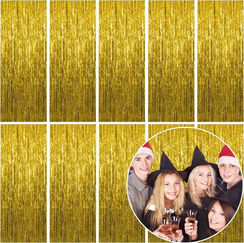Foil Curtain Backdrop - 10 Pack Gold Metallic Tinsel Fringe for Photo Booths & Parties