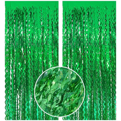 Green Tinsel Foil Fringe Curtains Wavy Backdrop for Party Sparkle Metallic Wavy Streamers Photo Booth Props for Birthday Dinosaur Animal St Patrick's Day Football Christmas Party Decorations