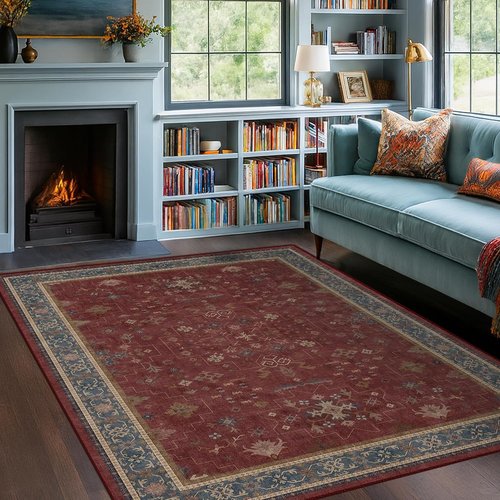 Boho Dark Red 5x7 Rug by [Brand Name] - Vintage Oriental Low-Pile Carpet, Machine Washable, Non-Slip