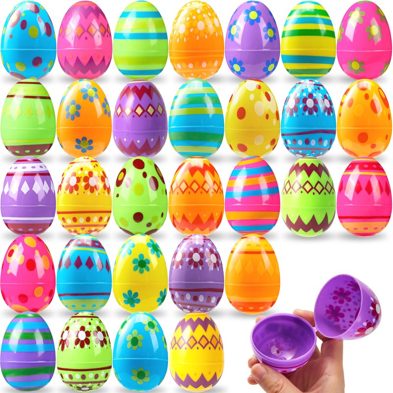JOYIN 3.15Inch Printed Plastic Eggs Colorful, Fillable Empty Eggs Bulks for Easter Hunt Event, Party Favor-18 pcs