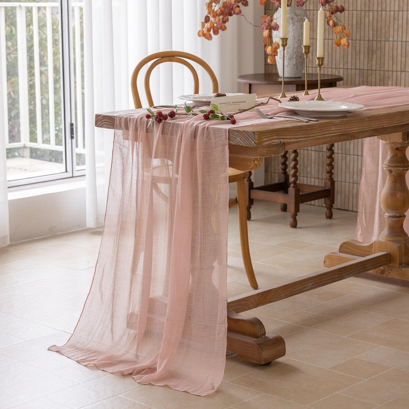 Keketoarrange Dusty Pink Mothers Day Table Runner Cheesecloth Gauze Rustic 120 Inch 10 FT for Wedding Baby Shower Bridal Shower Birthday Engagement Garden Party Long Sheer Boho Spring Home Decorations
